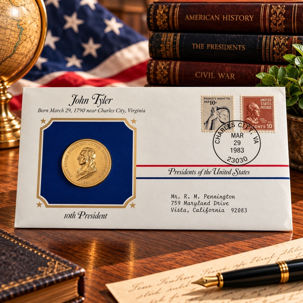 John Tyler 10th President US Mint 24kt Gold Electroplated Medal First Day Cover
